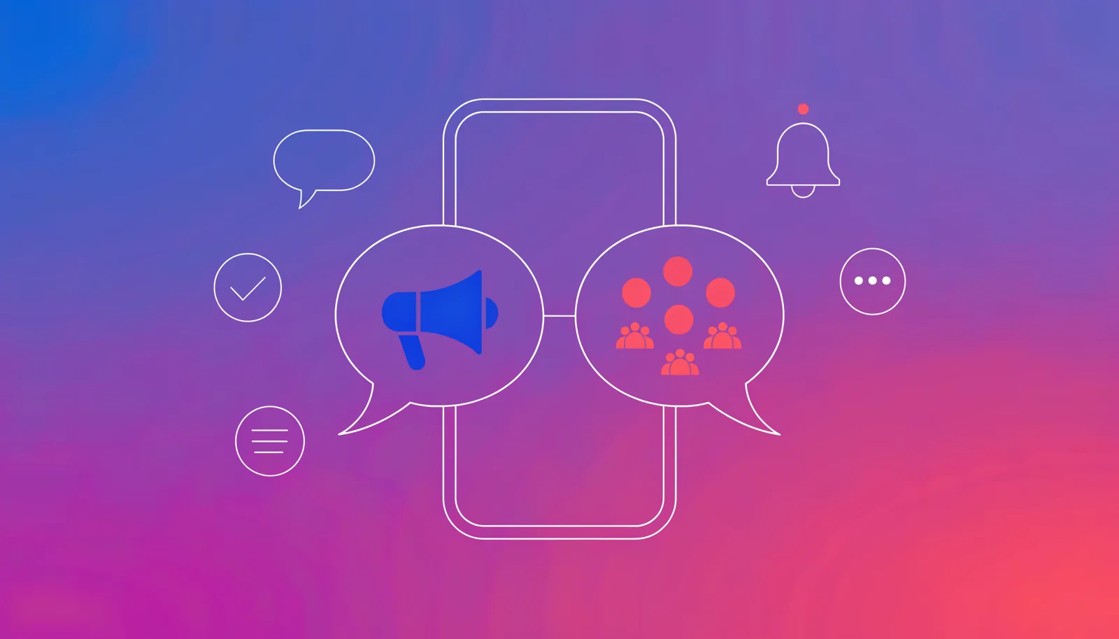 Ilustração de dois espaços de conversa conectados no Telegram, um representando um canal de conteúdo e outro um grupo de discussão, em tons de índigo, violeta e rosa