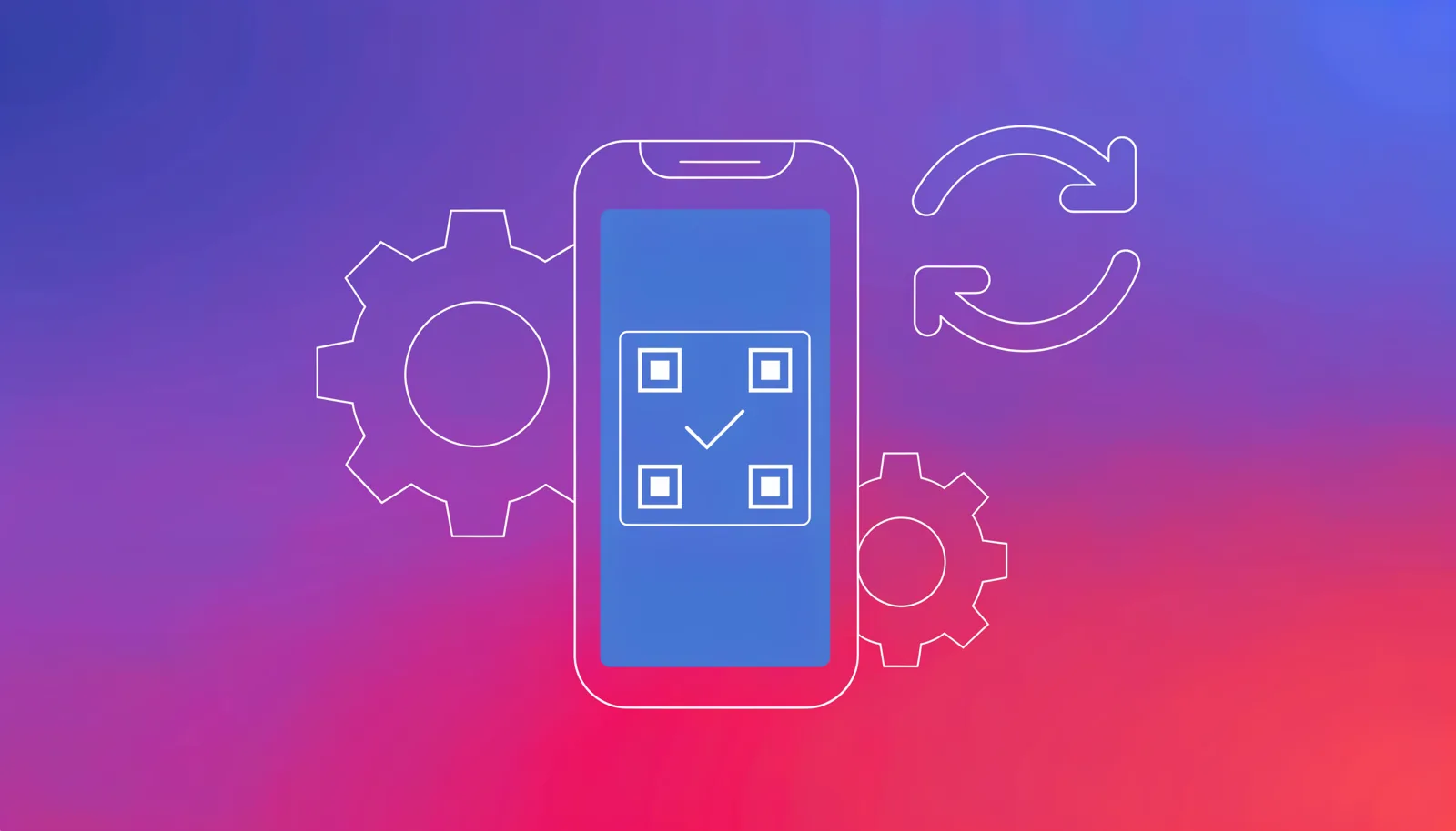 Ilustração de um celular com um QR code, engrenagens e uma seta circular representando a confirmação automática de um pagamento PIX