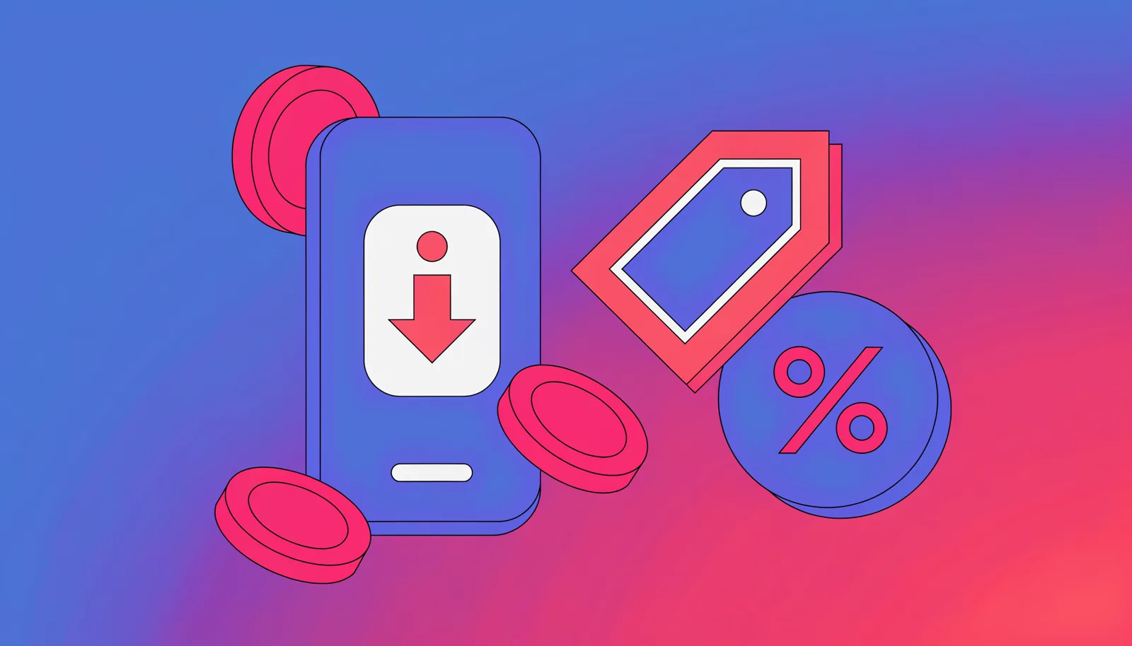 Ilustração de um celular com transferência de pagamento, moedas, uma etiqueta de preço fixo e um símbolo de porcentagem, representando o custo de vender no Telegram