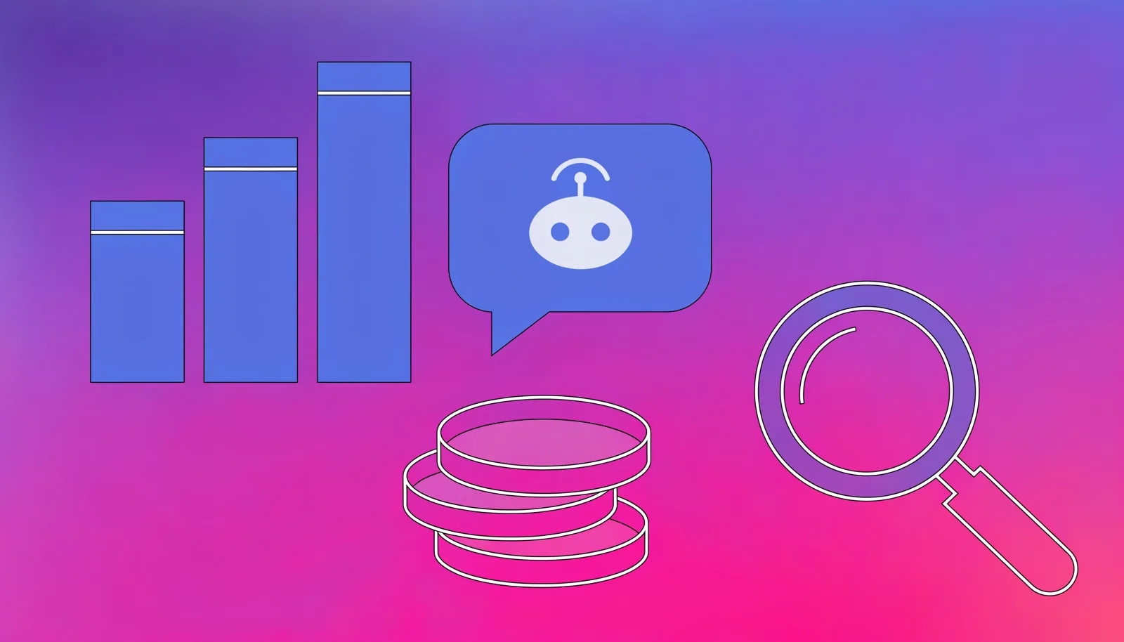 Ilustração de colunas de gráfico comparando custos, um balão de conversa com ícone de robô e pilhas de moedas, representando o comparativo de taxas de bots no Telegram