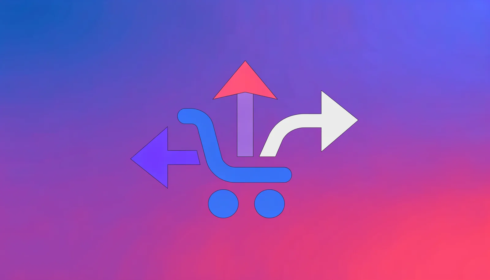 Ilustração de três setas apontando em direções diferentes a partir de um ícone de carrinho de compra, representando as três táticas de upsell, cross-sell e downsell